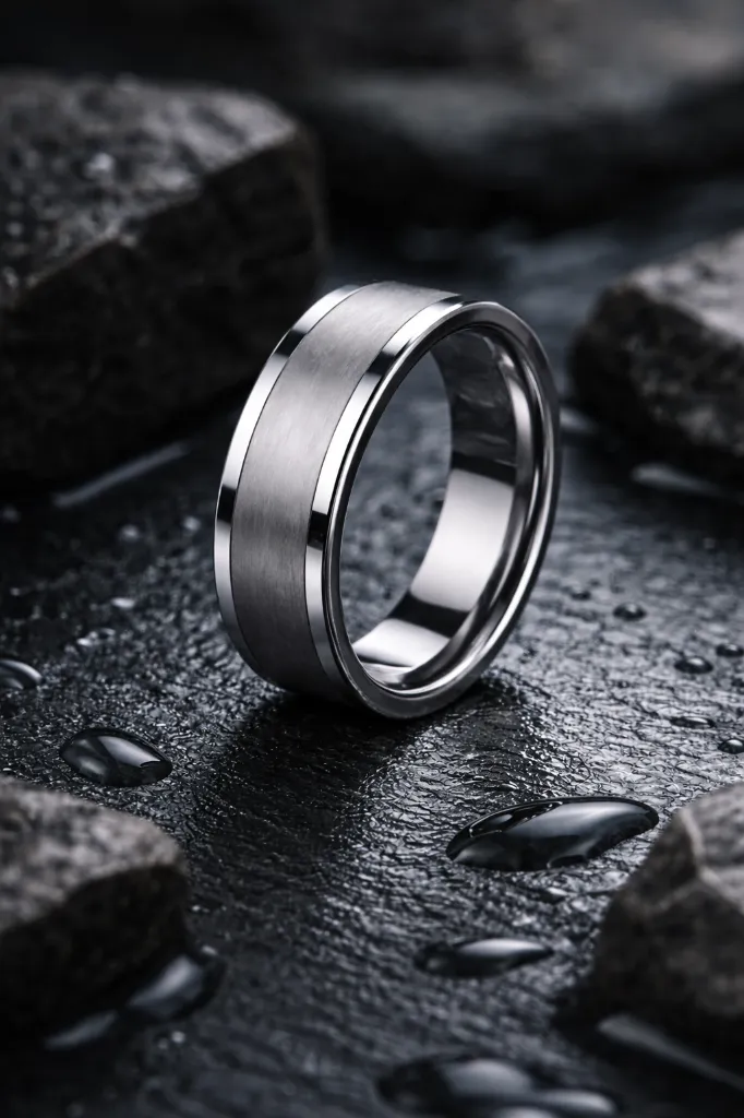 flast-tungsten-ring-with-brushed-center-polished-edges-on-stone.webp