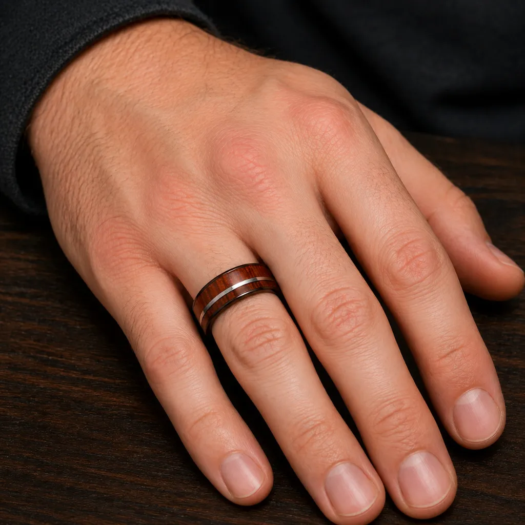 8mm-mens-koa-wood-tungsten-ring-on-hand.webp