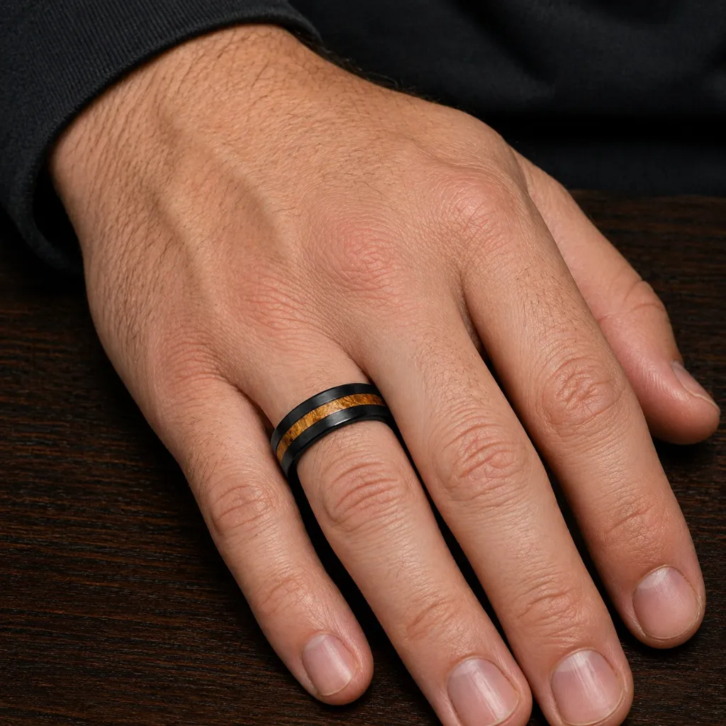 8mm-whiskey-barrel-koa-wood-tungsten-ring-on-hand.webp