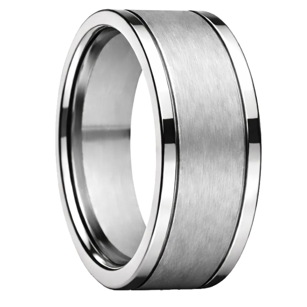 Brushed Flat Tungsten Ring with Grooved Polished Edges (4.5)