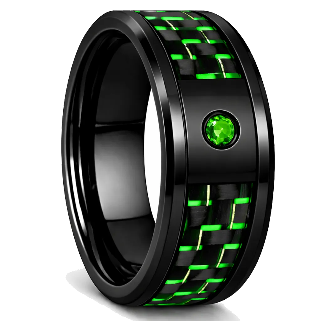 Black Ceramic Ring with Green Carbon Fiber Inlay (4.5)