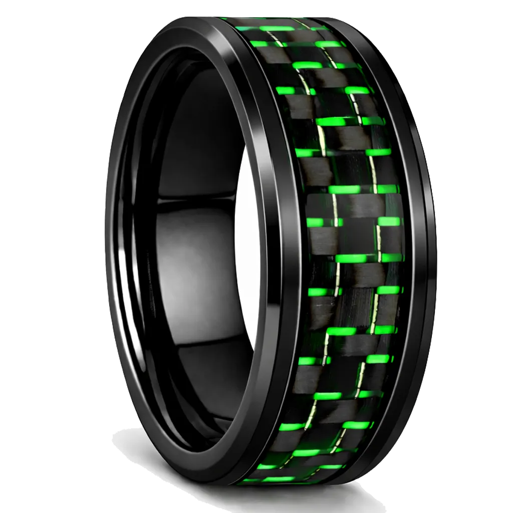 Black Ceramic Ring with Green Carbon Fiber Inlay (4.5)
