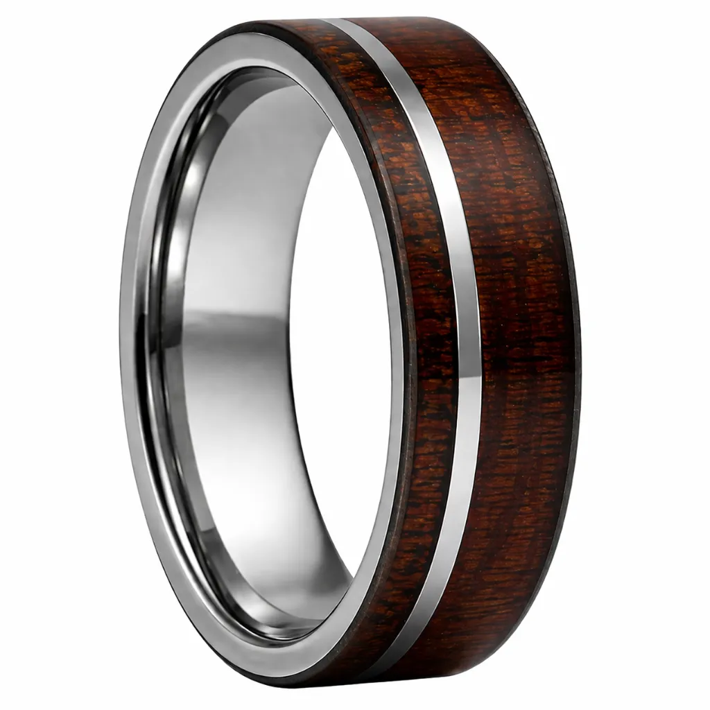 Flat Tungsten Ring With Koa Wood Inlay
