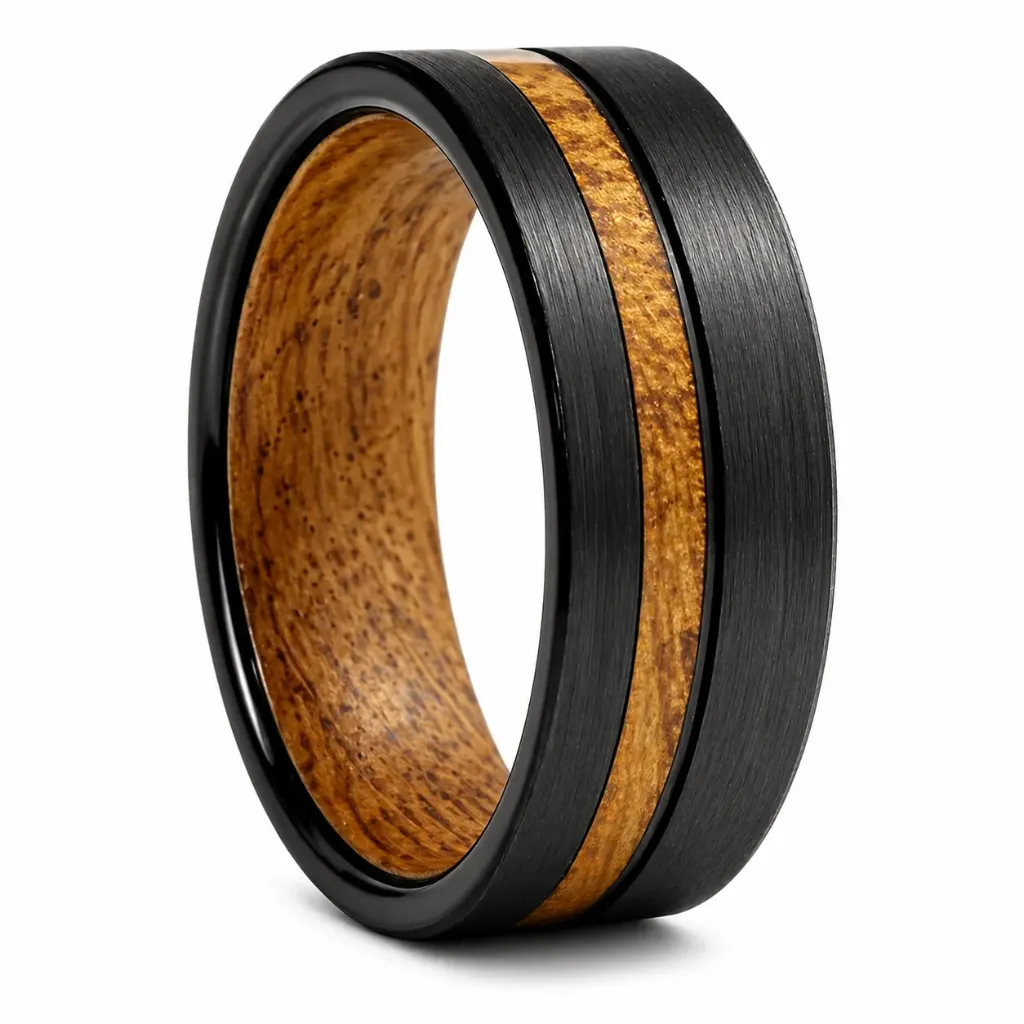 Flat Tungsten Ring With Whiskey Barrel Wood Inlay